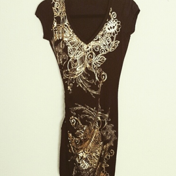 Cache Dresses & Skirts - CACHE Brown & Gold Tee-Shirt Dress